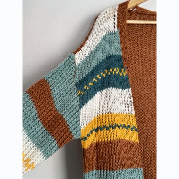Boho Striped Open Front Knit Cardigan Sweater Women’s Size L Oversized Fall Cozy - Picture 5 of 8